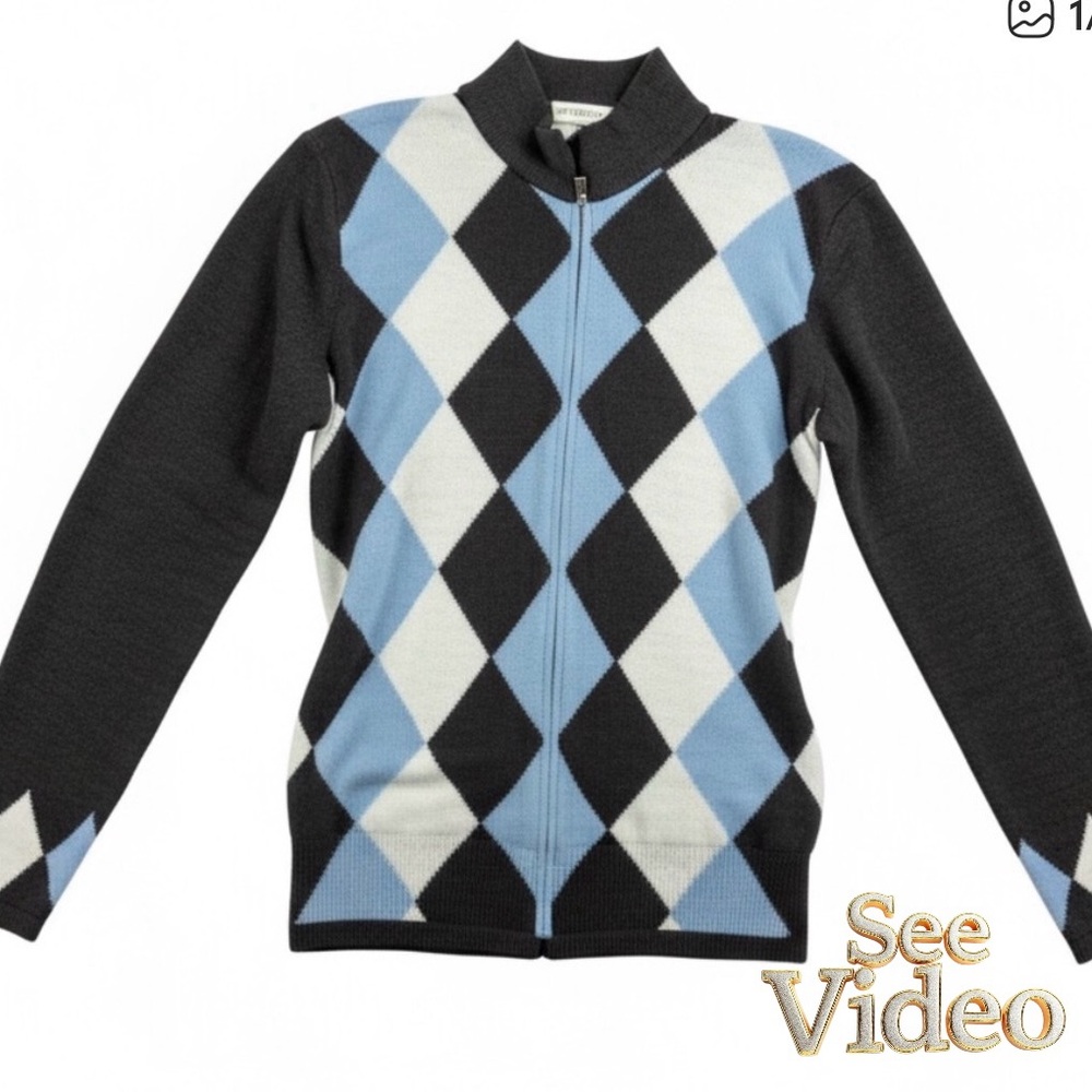 👛(ANY 2/$25) ALLISON DALEY Blue/White/Grey Full Zip Argyle Sweater.